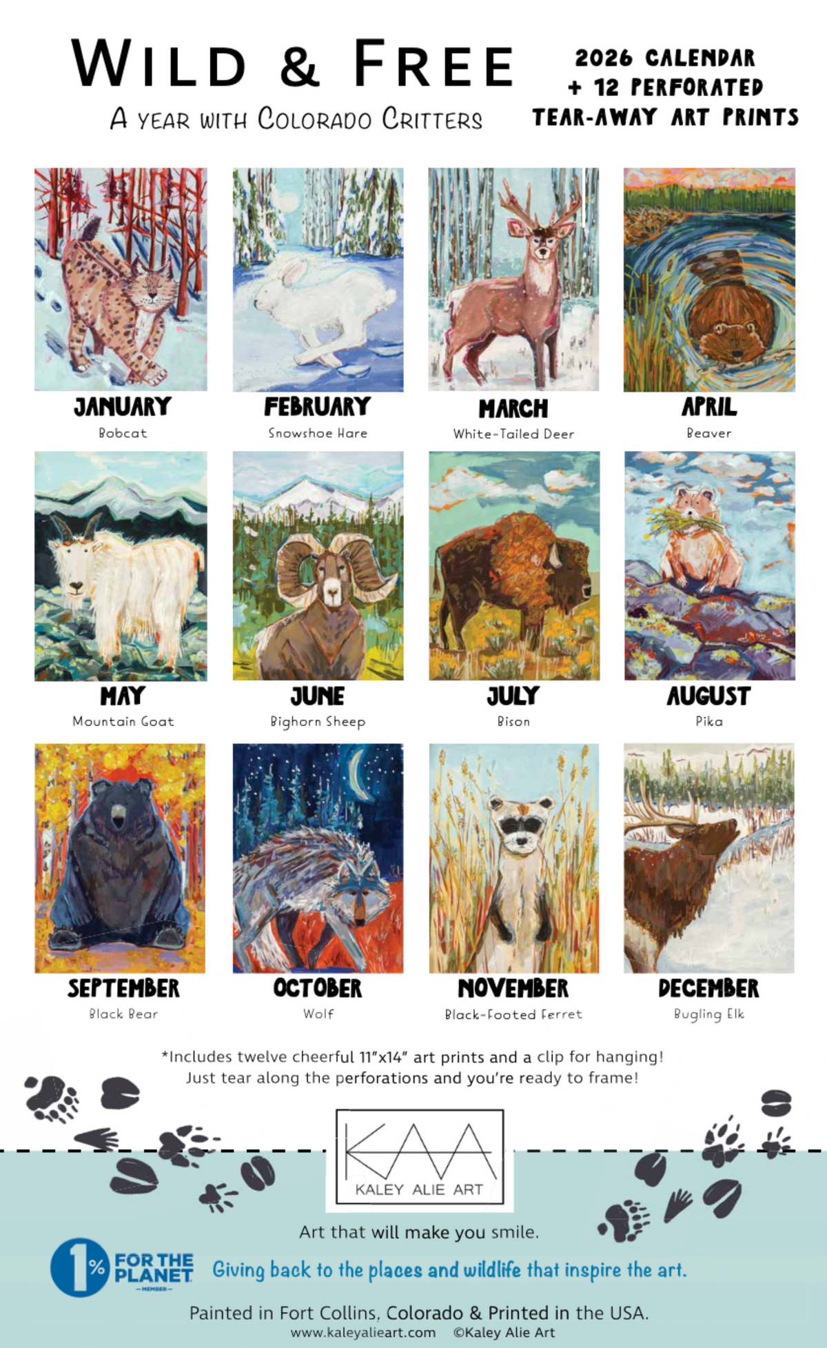 2026 Wall Calendar with 12 Art Prints- Wild and Free: A Year with Colorado Critters