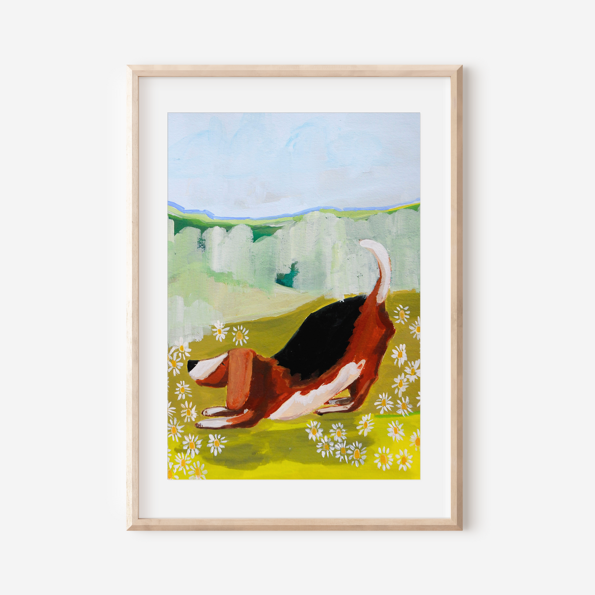 新作。手作り額付き作品　title「Let it BEAGLEワンコ」 Beagle & Daisies Art Print